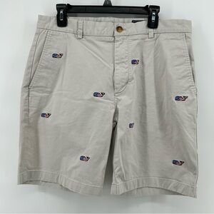Vineyard Vines Club Shorts Mens 36 Beige Whale Embroidered American Flag Preppy